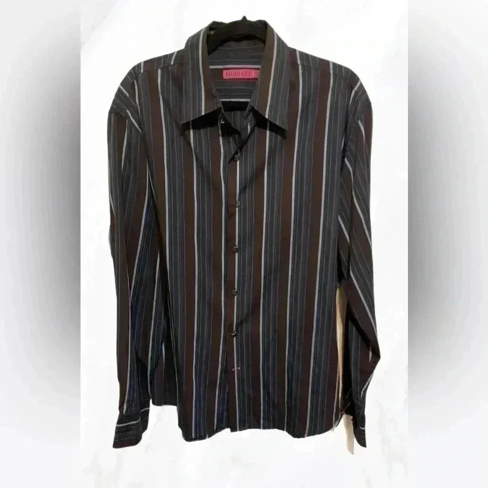 Fiorucci brown navy striped long sleeve button down dress  shirt XL